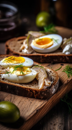 sandwiches with chicken and eggs on a wooden background. tinting. selective focusの素材