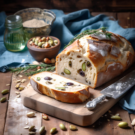 Sliced bread with raisins, olives and rosemaryの素材