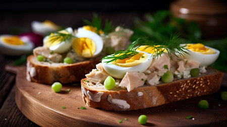 Sandwiches with salmon, eggs and green peas on a wooden boardの素材