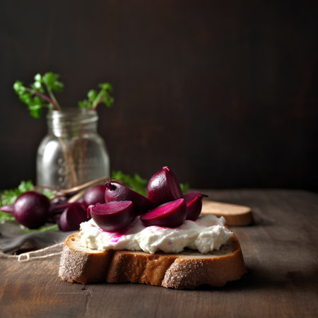 Sandwich with cream cheese, beetroot and parsley on wooden backgroundの素材