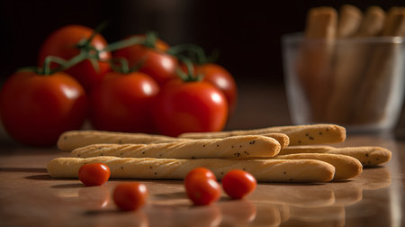 Grissini breadsticks with tomatoes on a wooden table. Selective focusの素材