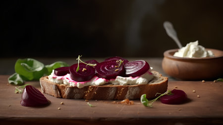 Sandwich with cream cheese and beetroot on a wooden board, selective focusの素材