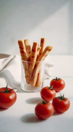 Crispy breadsticks in a glass with tomatoes on a light backgroundの素材