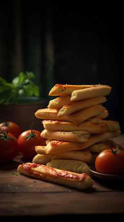 Delicious crispy bread crackers with tomatoes and herbs on wooden tableの素材