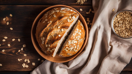 Bread with oat flakes on a wooden background. Top view.の素材