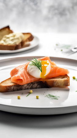 Sandwiches with smoked salmon and poached egg on white plateの素材