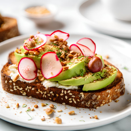 Toast with avocado, radish and sesame seeds. Healthy breakfast.の素材