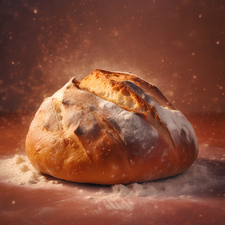 Freshly baked bread on the table with flour and bokehの素材
