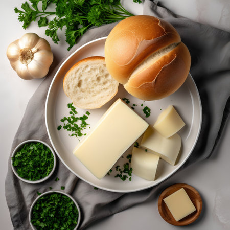 Slices of cheese, bread, garlic and parsley on a white plate.の素材