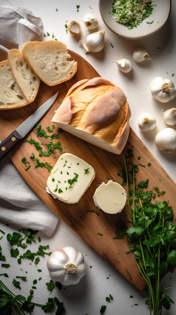 Bread with butter, garlic and parsley on a cutting boardの素材