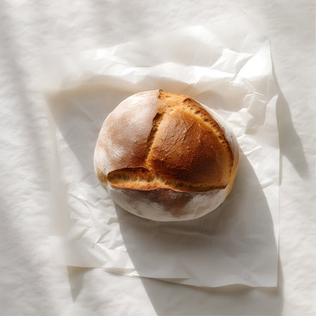 Round loaf of bread on a white crumpled paper, top viewの素材