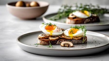 Toasts with egg and mushrooms on a plate on a light background.の素材