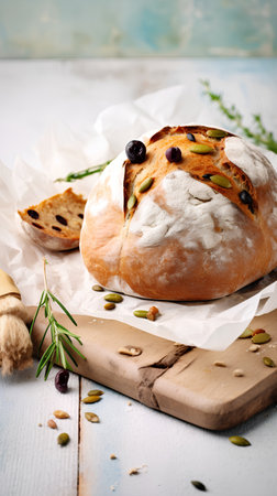 Freshly baked bread with raisins and blueberries. Selective focus.の素材