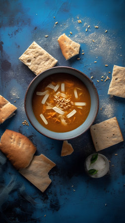 Pumpkin soup with crackers on blue background, top viewの素材