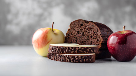 Composition with sliced bread, apples and chocolate on grey background.の素材