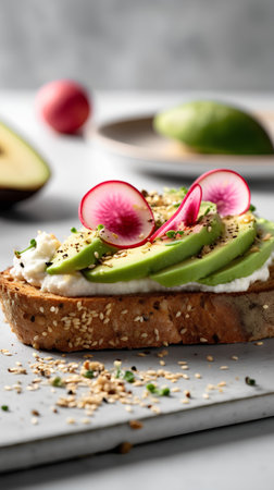 Toast with avocado, radish and sesame seeds on a plateの素材