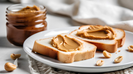 Peanut butter sandwiches on a white plate on a light background.の素材