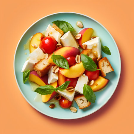 Healthy salad with peaches, feta cheese and nuts on orange backgroundの素材