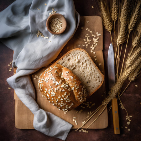 Homemade whole wheat bread with sesame seeds on a wooden boardの素材