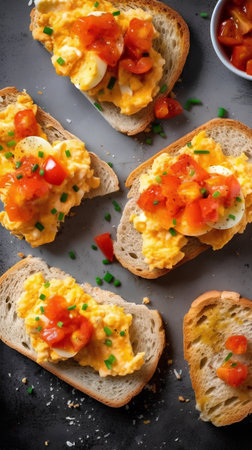 Toasted bread with scrambled eggs, tomatoes and chives on black backgroundの素材