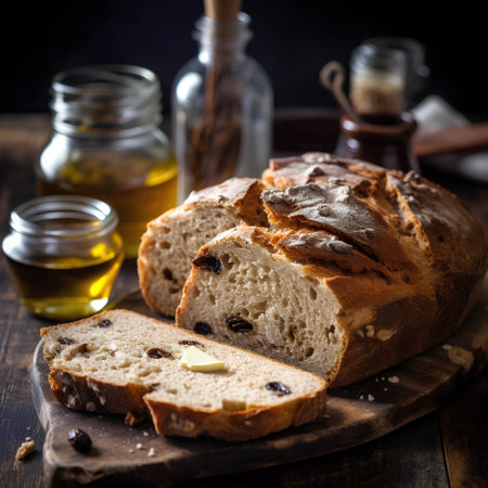 Homemade bread with raisins on a dark wooden background.の素材
