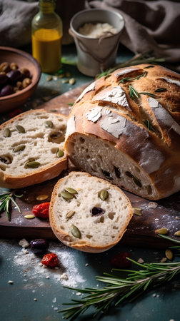 Homemade bread with sunflower seeds and olives, selective focusの素材
