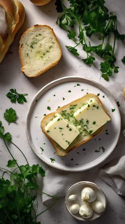 Homemade butter sandwiches with garlic and parsley on a light background.の素材