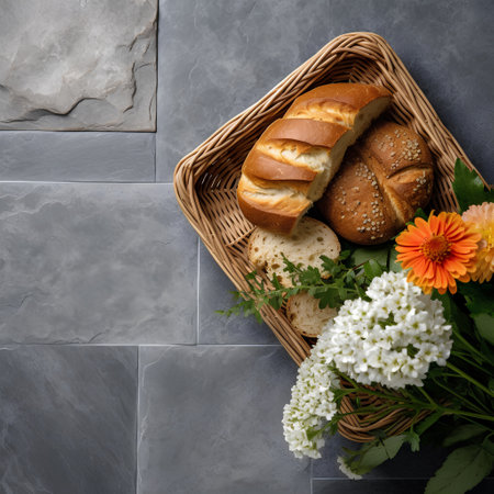 Basket with bread and flowersle background. Top view.の素材
