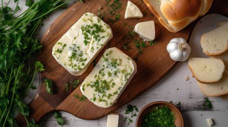 Bread with butter and parsley on a cutting board, top viewの素材