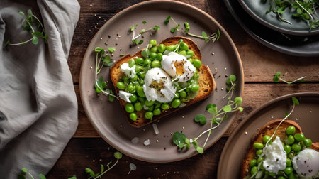 Toasted bread with poached egg, green peas and microgreens on wooden backgroundの素材