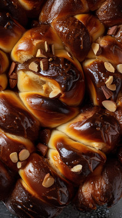 Sweet buns with chocolate and almonds on dark background, top viewの素材