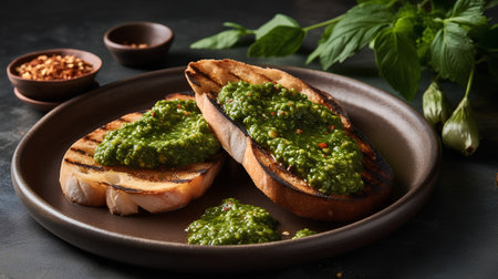 Toasted baguette with pesto sauce on dark background.の素材