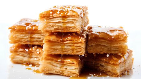 sweet baklava with caramel on a white background. macroの素材