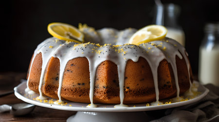 Lemon bundt cake with poppy seeds and glaze, squareの素材