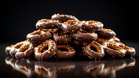 Group of chocolate salted pretzels isolated on black background.の素材