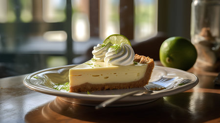 Cheesecake with lime and mint on wooden table in cafe.の素材