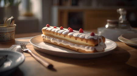 Eclair with cream and raspberries on a wooden table.の素材