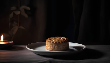Moon cake on a plate with a lit candle in the background.の素材