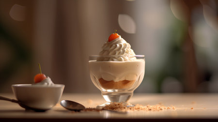 Creamy panna cotta dessert in a glass with strawberries and whipped creamの素材