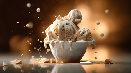 ice cream in a bowl with splashes of milk on a dark backgroundの素材