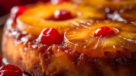 Pineapple cake with cherries on top. Selective focus.の素材