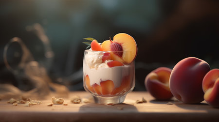 Delicious yogurt with peaches in a glass on a wooden tableの素材