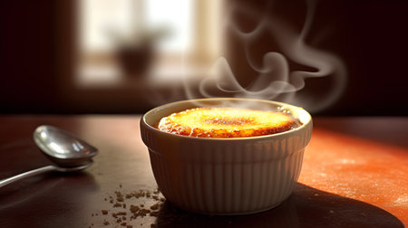 Creme brulee with smoke on the background of a window.の素材