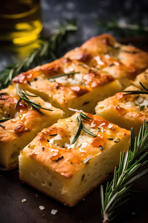 Focaccia with rosemary and olive oil on dark backgroundの素材