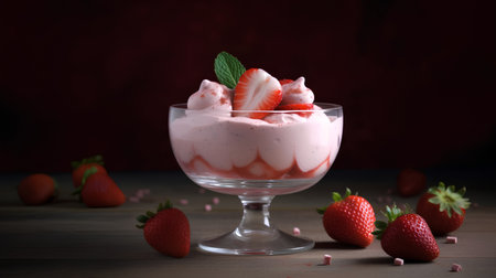 Strawberry yogurt in a glass with fresh strawberries on a dark backgroundの素材