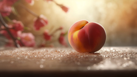 Ripe peach on a wooden table. Close-up, selective focus.の素材