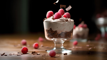 Chocolate trifle with raspberries in a glass on a wooden tableの素材