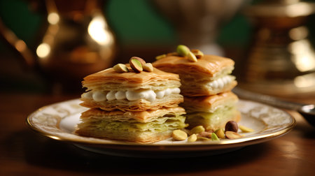 Traditional turkish dessert baklava with cashew, walnuts. toning. selective focusの素材