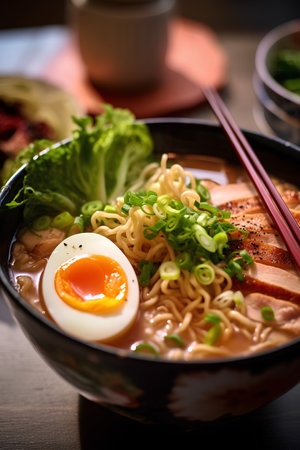 Japanese ramen noodle soup with chicken and egg on wooden tableの素材