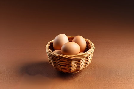 Eggs in a basket on a brown background. 3d renderingの素材